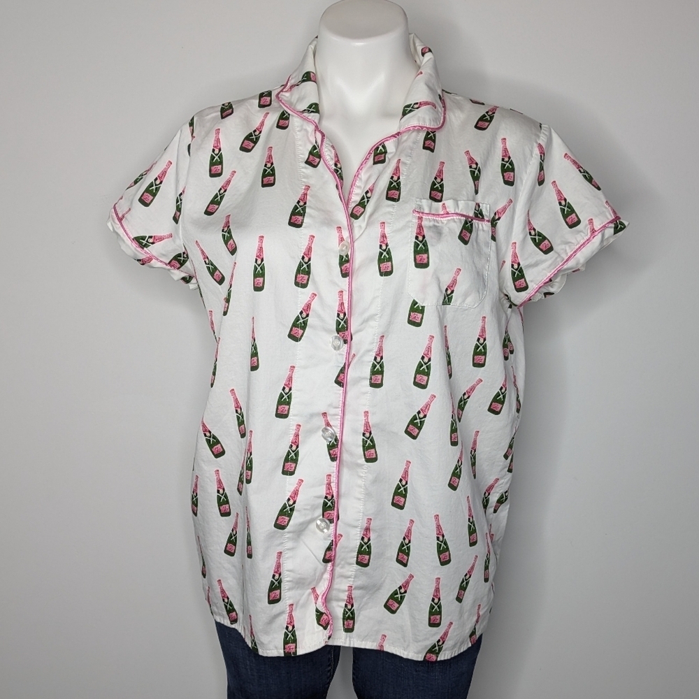 Toss Designs White Pink Green Champagne Bottle Button Down Pajama Top L